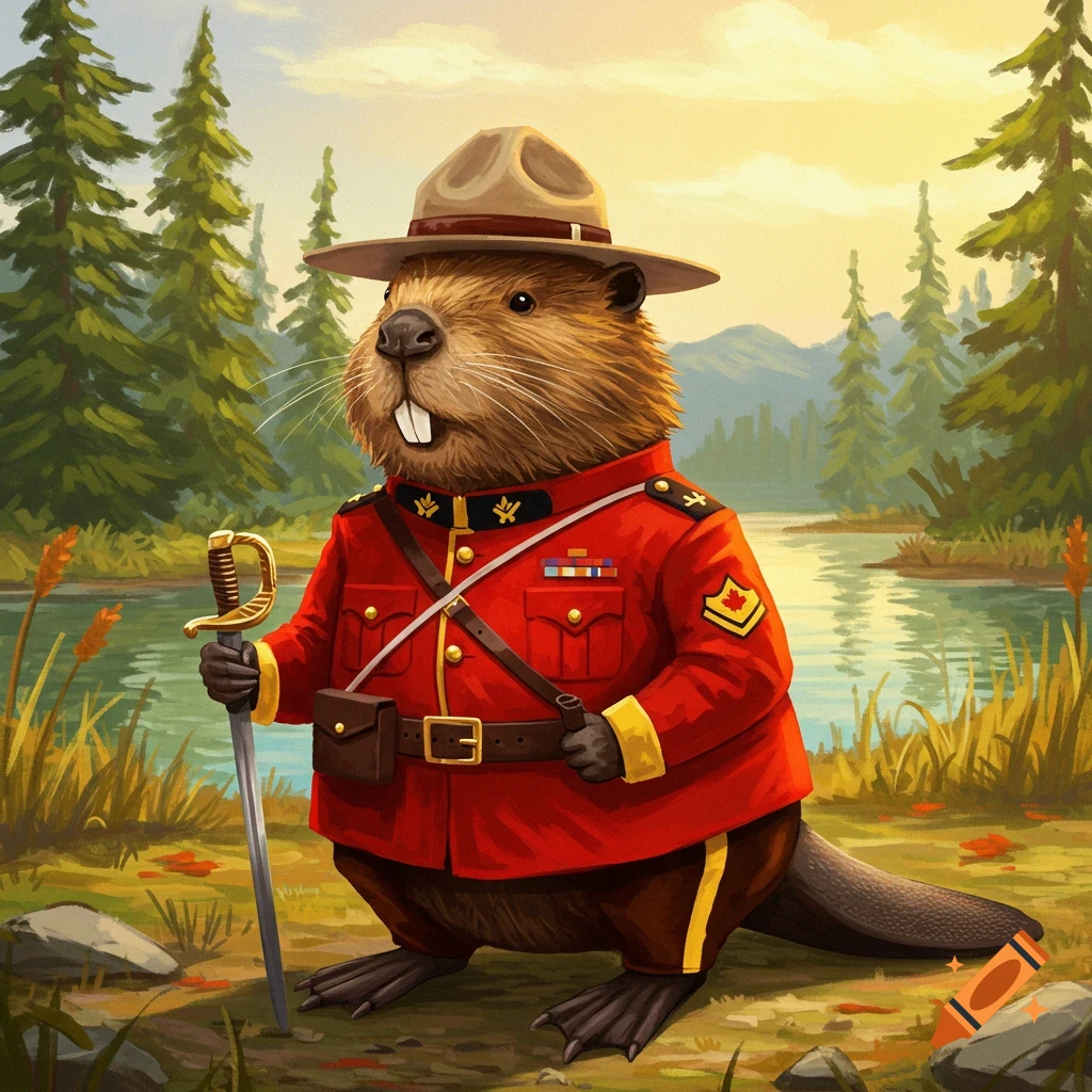 An anthropomorphic beaver dressed in a full red Royal Canadian Mounted Police uniform, complete with hat, holding a sword, standing by a lake in a forest.