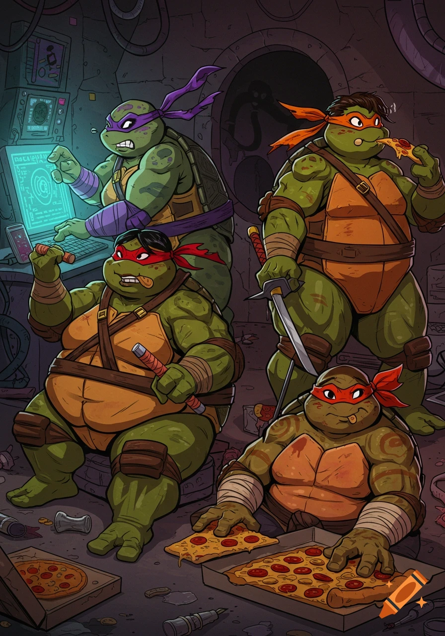Four overweight mutant ninja turtles, one on a computer, one eating a slice of pizza, and two others reaching for pizza in a sewer lair, cartoon style.