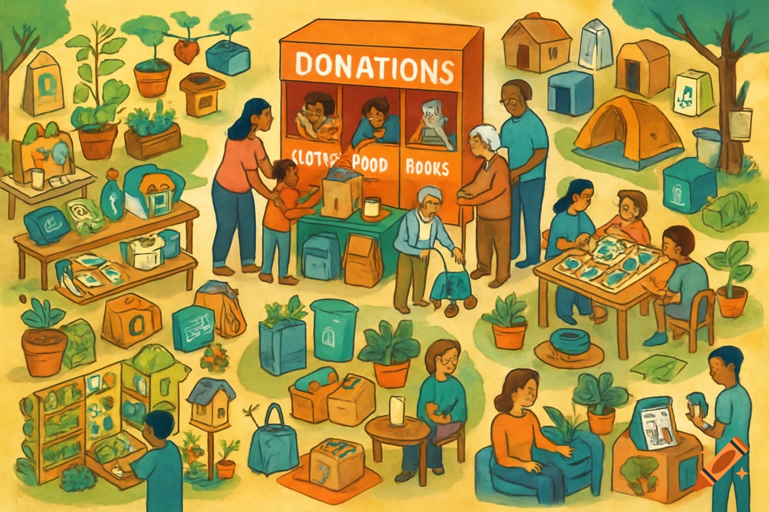 An illustration of a vibrant community charity event with people donating clothes, food, and books at a station, surrounded by various community projects.