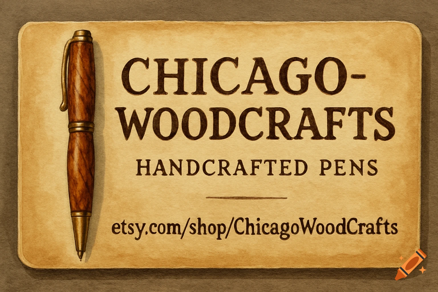 A vintage-style business card for ChicagoWoodCrafts, featuring a wooden pen and text for 'Handcrafted Pens' and 'etsy.com/shop/ChicagoWoodCrafts'.