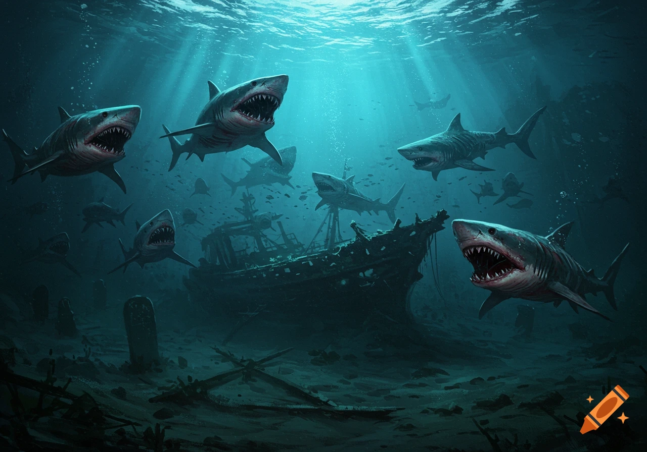 A swarm of menacing sharks with open mouths swims around a sunken ship in deep blue water.