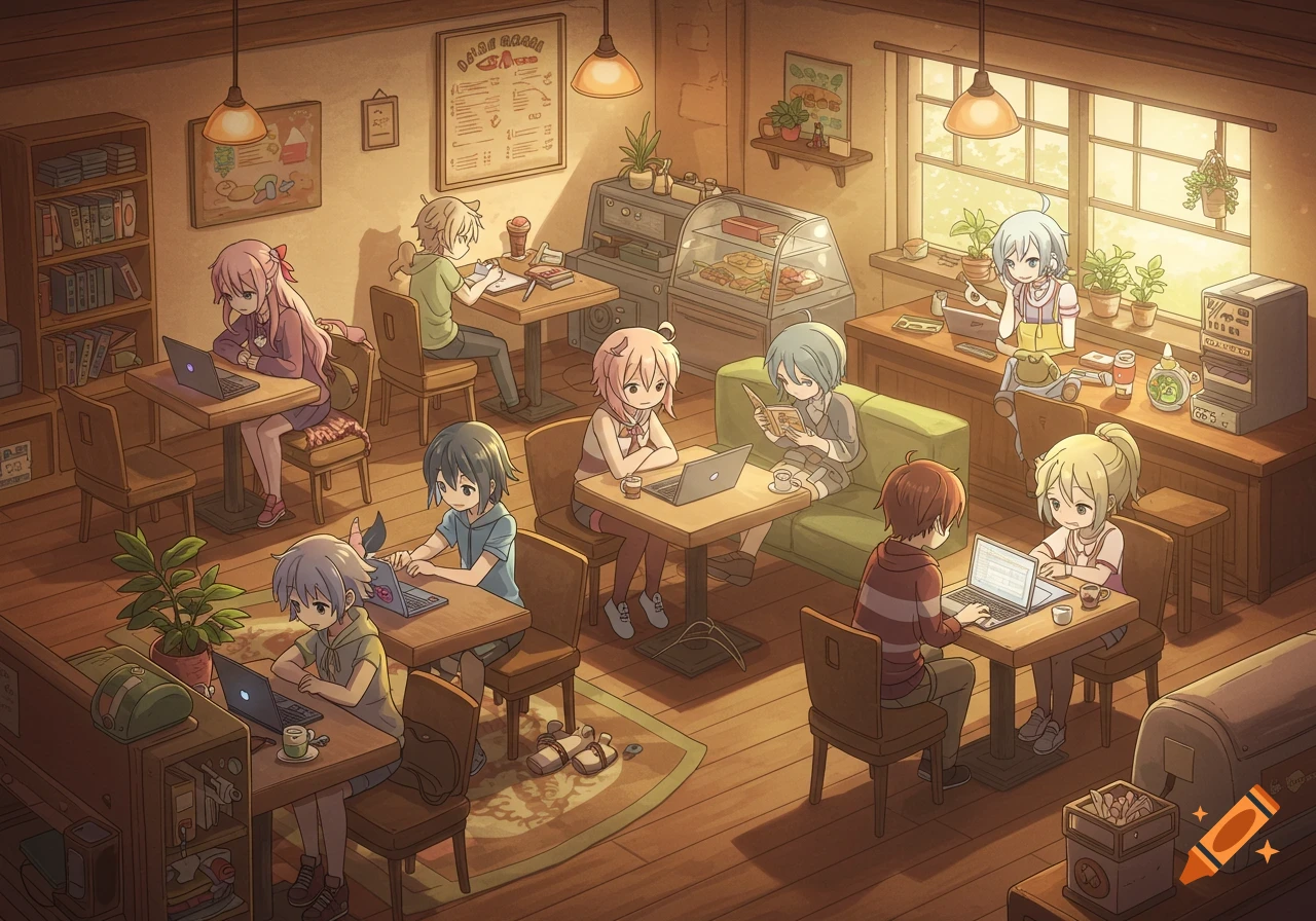 A warm-toned anime lofi cafe scene with multiple people studying, working on laptops, and reading at various tables.