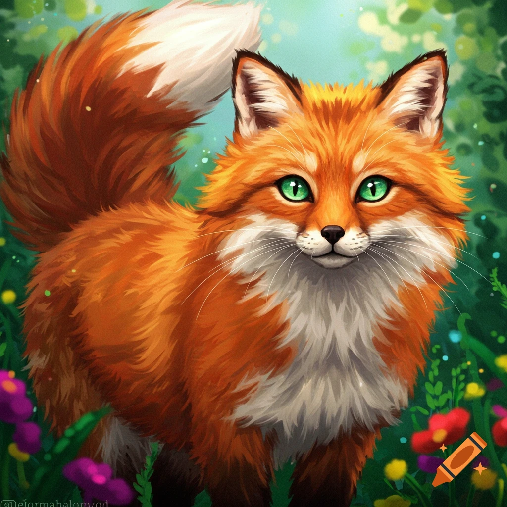 A fluffy orange fox with bright green eyes looks forward in a lush green forest with colorful flowers, in an illustrative style.