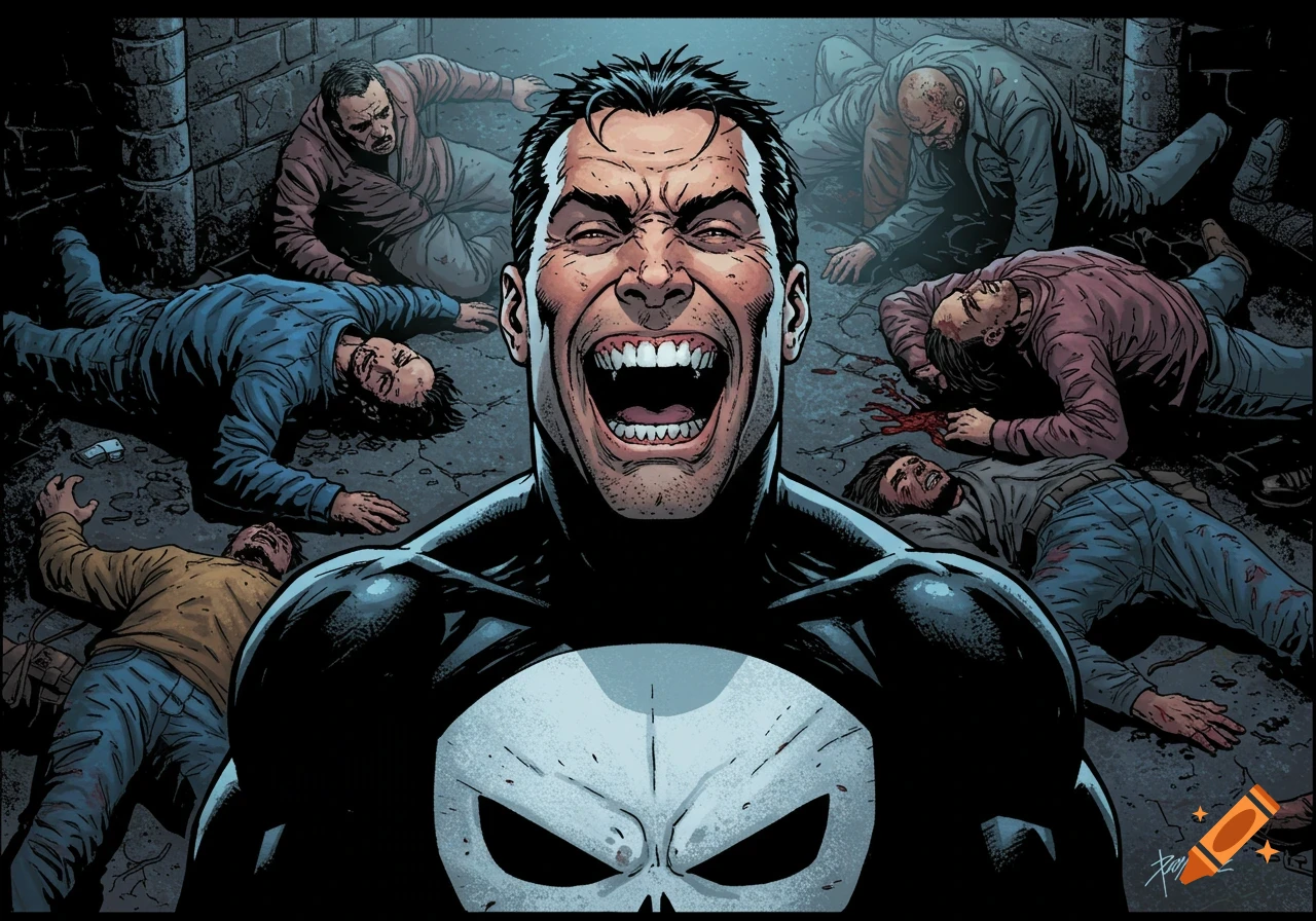 The Punisher, a male figure with a skull on his chest, laughs maniacally over several defeated or dead men in a comic book art style.
