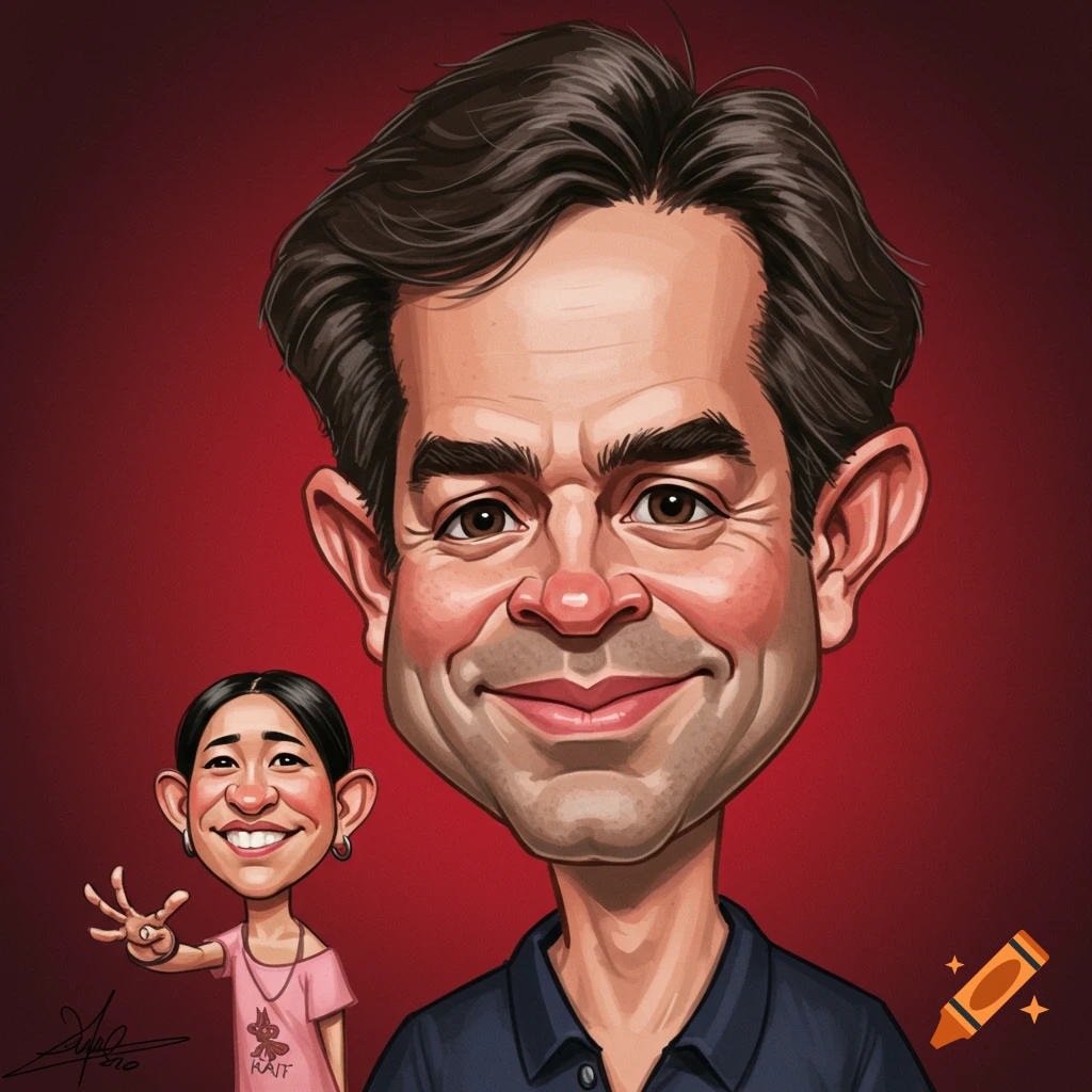 A colorful caricature showing a man with dark hair and a wide smile, with a smaller woman in a pink shirt smiling and waving beside him, against a red background.