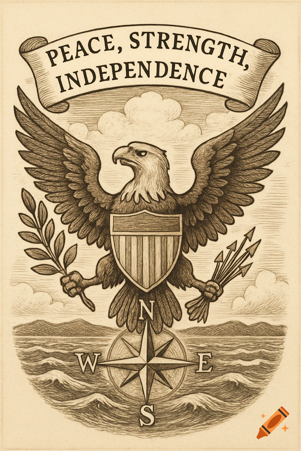 Detailed sketch of an eagle holding an olive branch and shield, with a scroll above reading 'Peace, Strength, Independence', and a compass below.