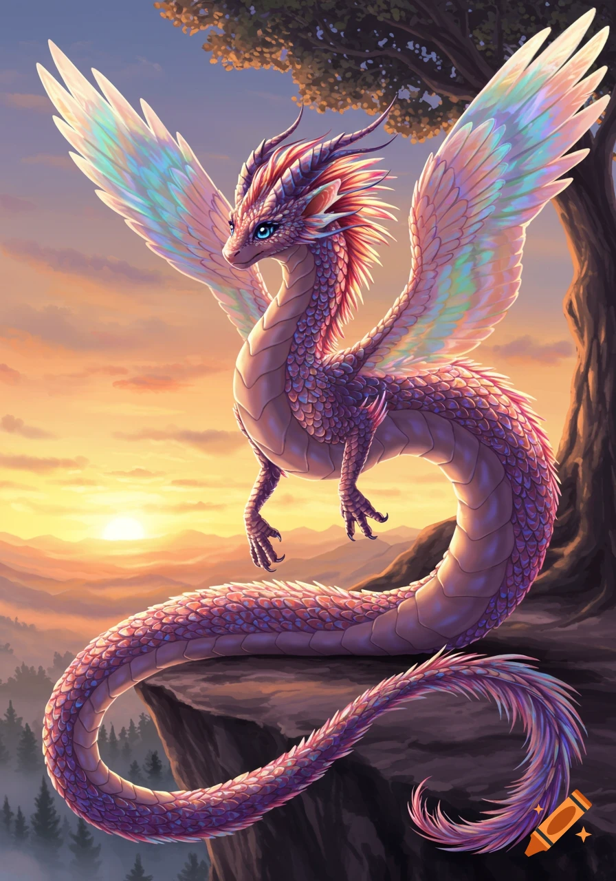 A vibrant, iridescent purple dragon with large wings sits on a cliff overlooking a sunset landscape in an illustrative style.