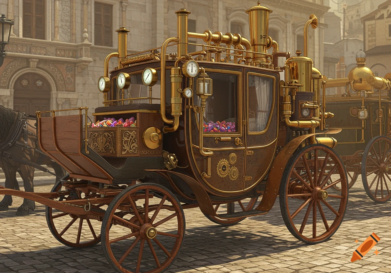 Detailed steampunk horse-drawn carriage on a cobblestone street, ornate with brass pipes and gears, with colorful candy on its side.