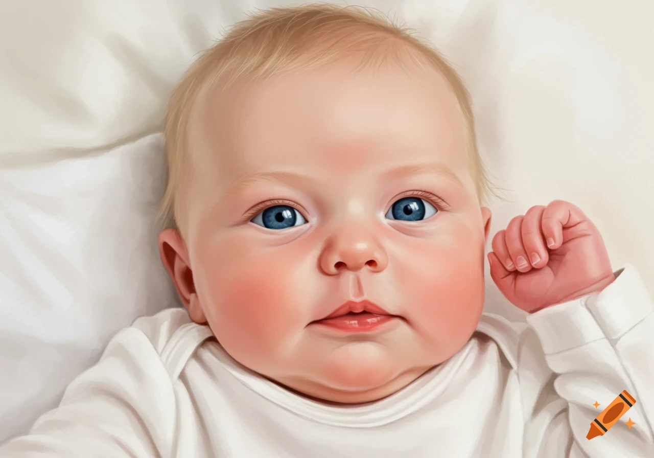 A close-up of a blonde-haired baby with blue eyes looking at the camera.