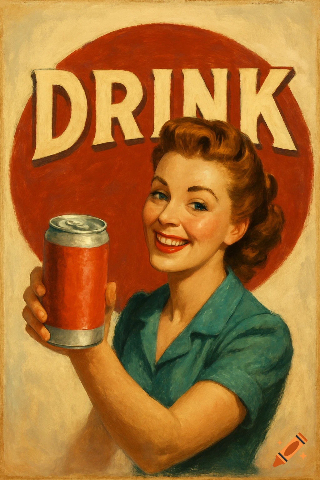 Vintage advertisement of a smiling 1950s woman holding a red soda can against a red circle with 'DRINK'.