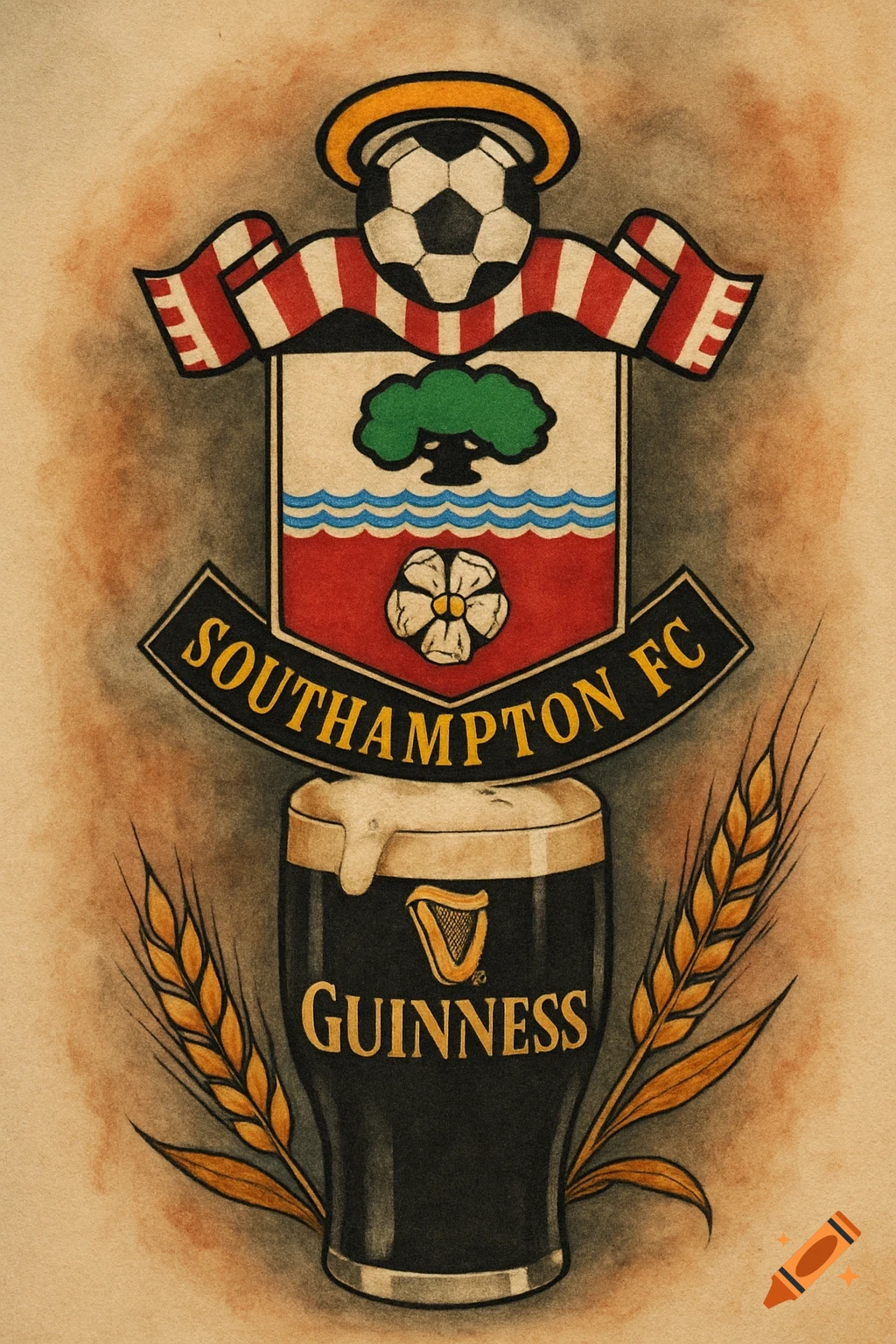 A vintage tattoo-style illustration featuring the Southampton FC crest with a haloed football, positioned above a glass of Guinness beer flanked by wheat stalks, all on a textured background.