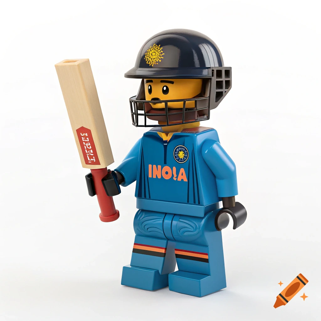 A photorealistic Lego minifigure of a cricket player wearing a blue uniform and helmet, holding a cricket bat, against a white background.