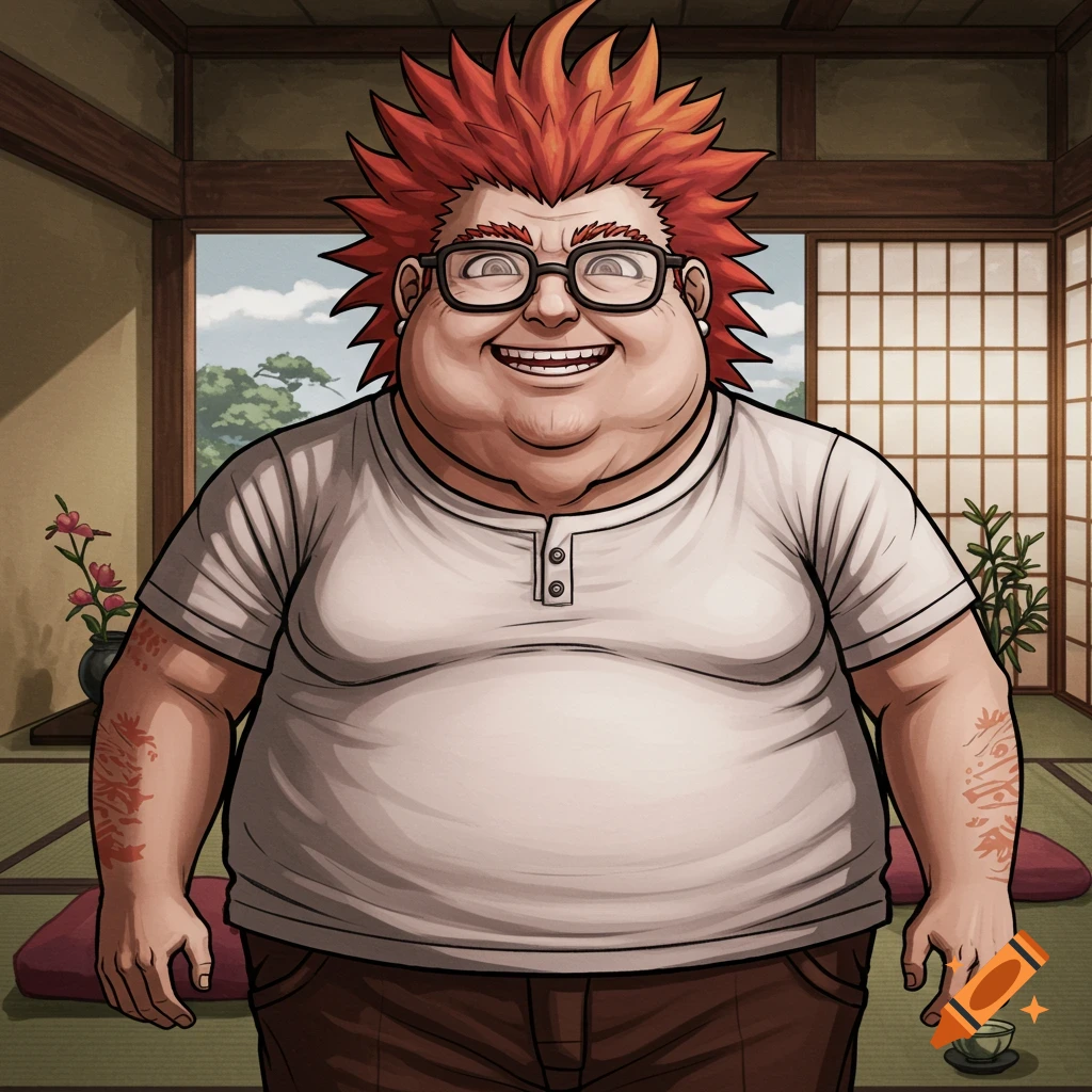 A portly, smiling man with spiky red hair and glasses, wearing a white shirt and brown pants, standing in a traditional Japanese room.
