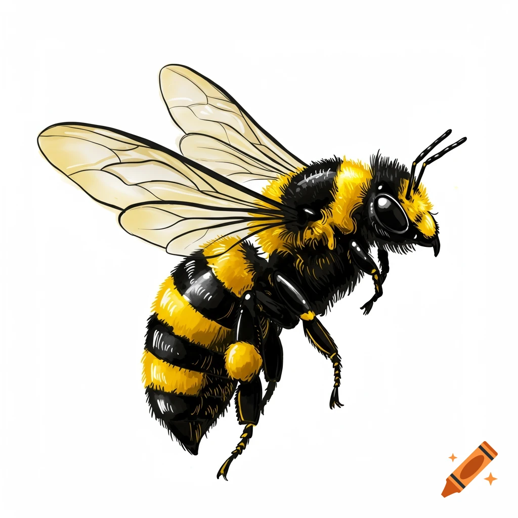 A detailed illustration of a black and yellow honey bee with translucent wings in flight against a white background.