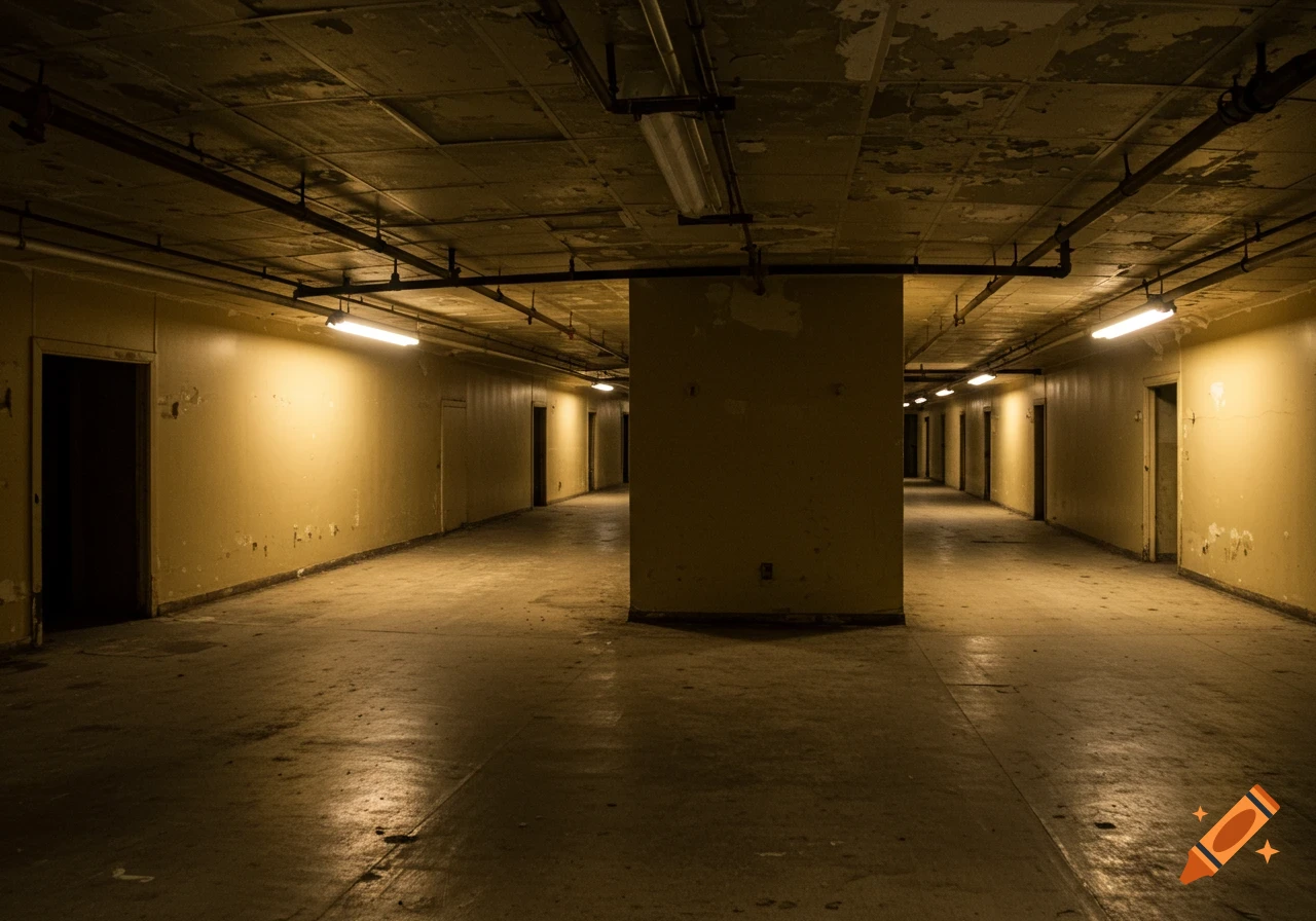 A long, dark, abandoned hallway with peeling yellow walls, exposed pipes, and fluorescent lights leading into the distance.