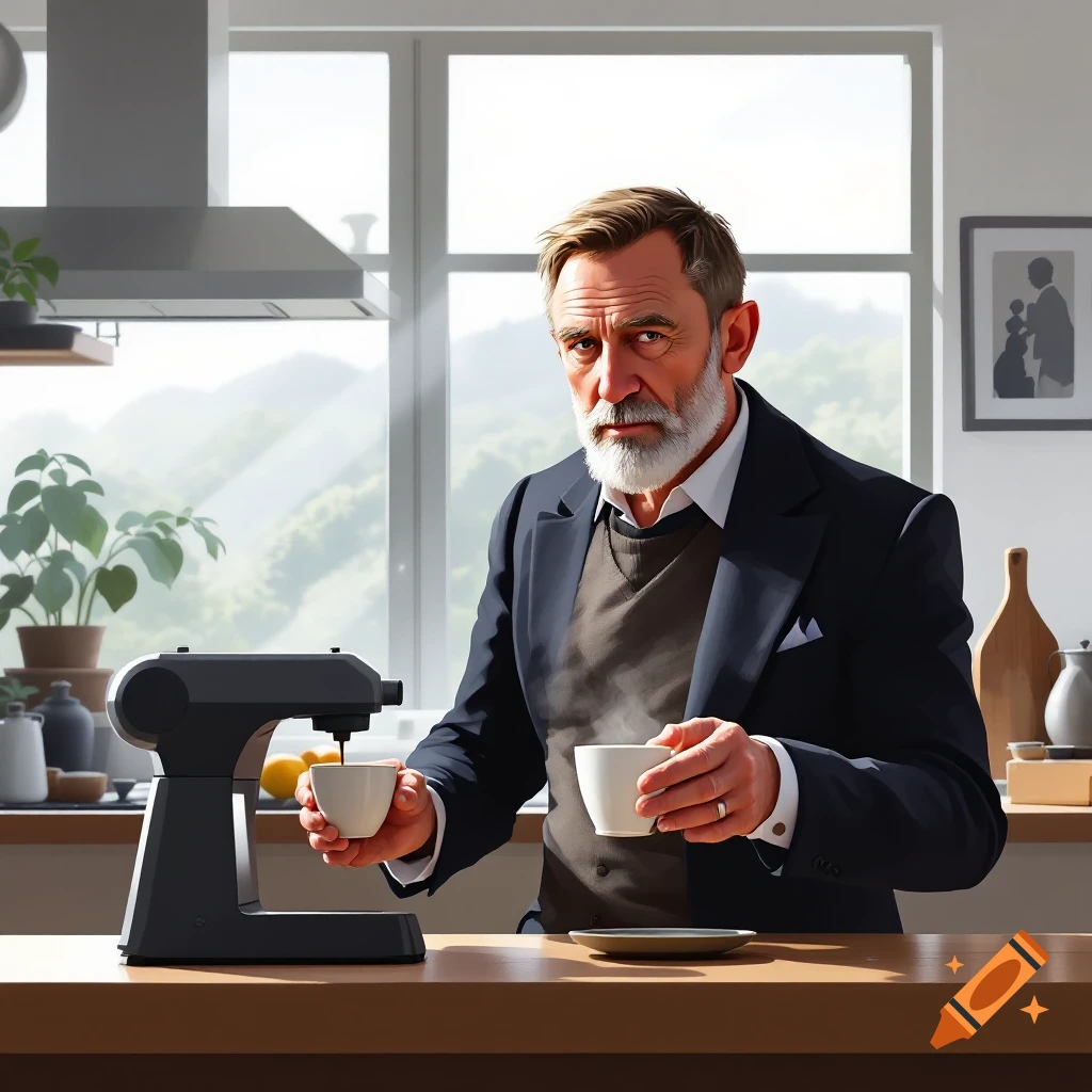 An older man with a beard, wearing a suit jacket, stands in a modern kitchen, pouring coffee from a machine into a cup. Photorealistic style.