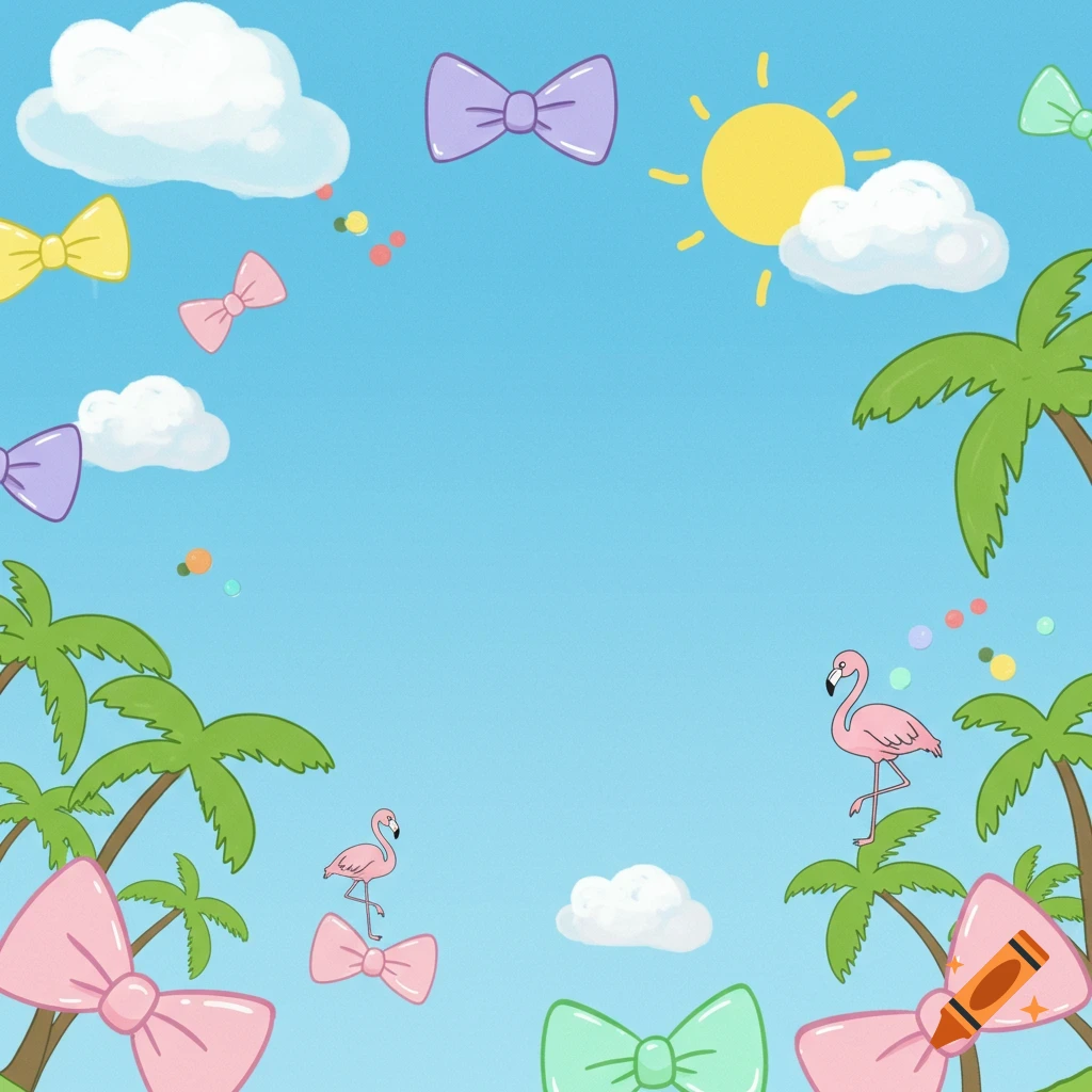 A cute cartoon background with a blue sky, sun, clouds, palm trees, pink flamingos, and colorful bows.