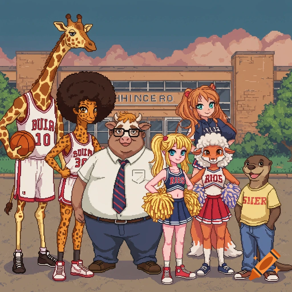 A pixel art group photo of diverse anthropomorphic students and a teacher in front of a high school, including a giraffe basketball player, a leopard, a cow, two cheerleaders, and an otter.
