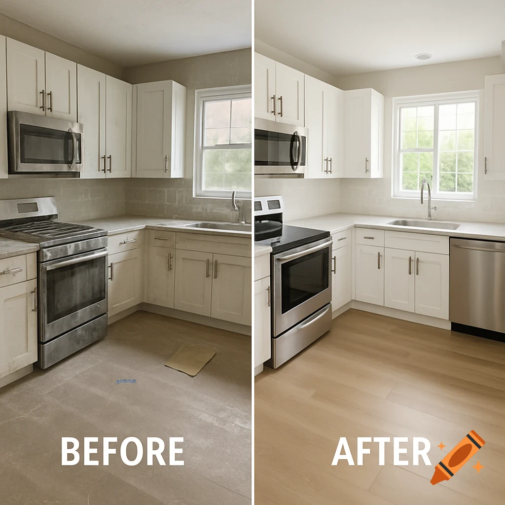 Photorealistic side-by-side comparison of a kitchen, showing a dirty, dusty kitchen on the left, and the same kitchen spotless and gleaming on the right.