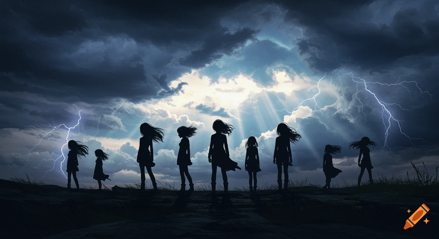Silhouettes of women and girls stand on a windswept field under a dramatic storm sky with lightning and sun rays.