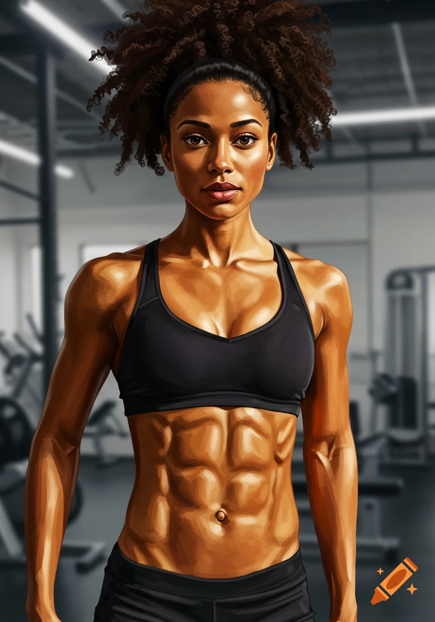A strong, muscular woman with defined abs stands confidently in a gym, depicted in a realistic digital painting style.