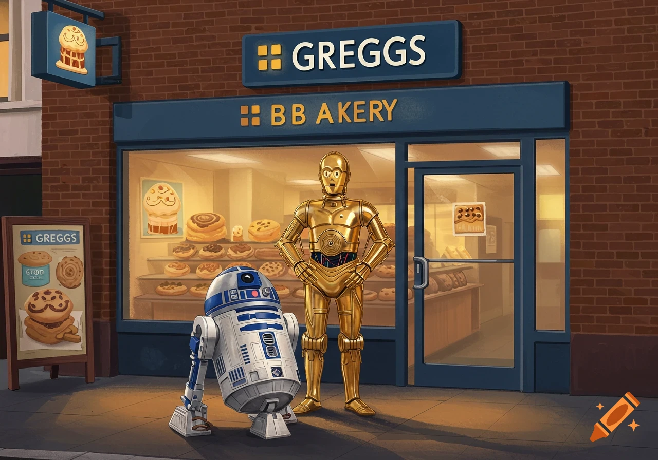 C-3PO and R2-D2 from Star Wars stand outside a Greggs bakery, filled with various pastries and buns in a cartoon style.