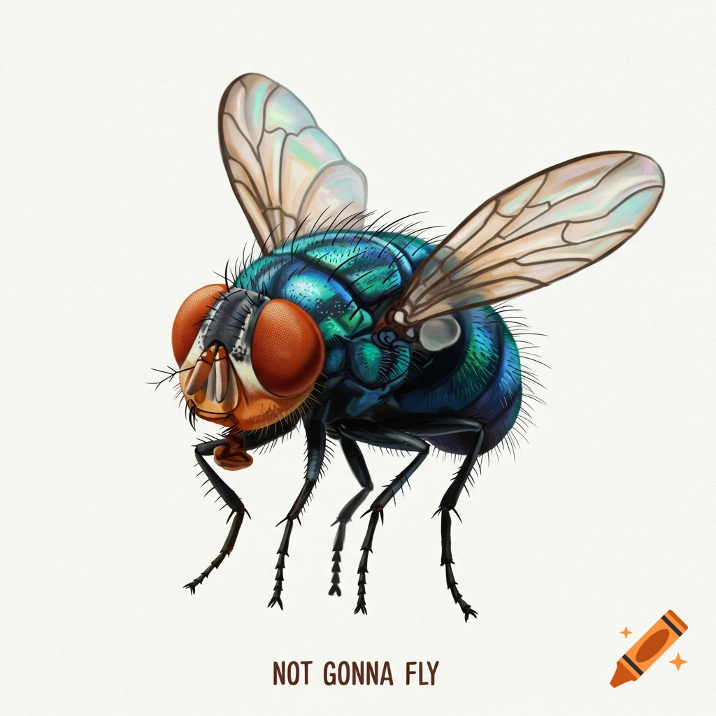 Detailed illustration of a green and blue housefly with red eyes and translucent wings, with the text 'NOT GONNA FLY' below.