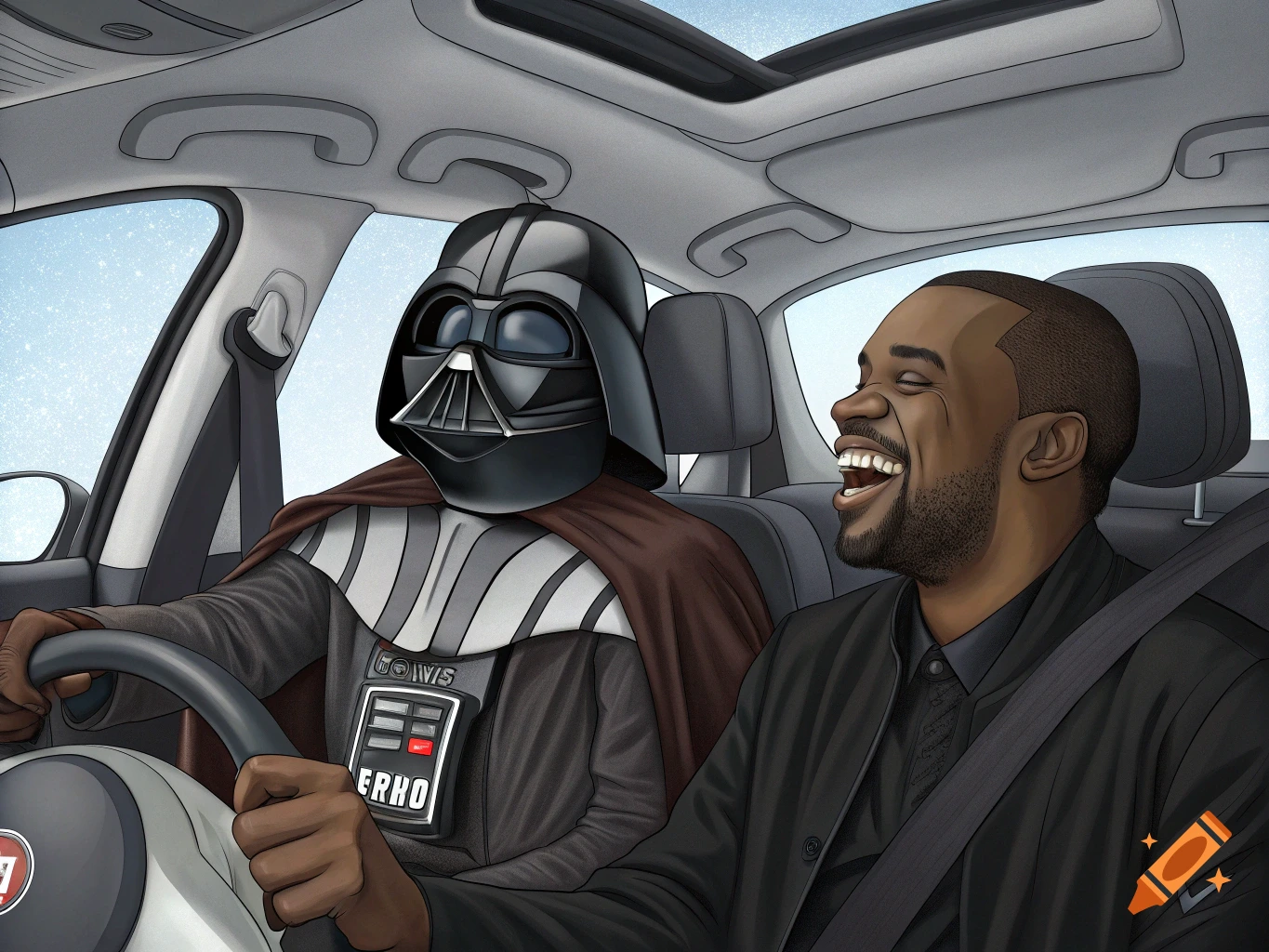 Cartoon illustration of Darth Vader driving a car with a laughing Kanye West in the passenger seat.
