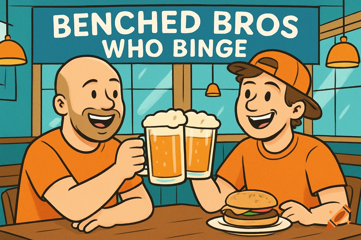 Cartoon image of two smiling men in orange shirts toasting beer mugs at a table with a burger, under a sign.