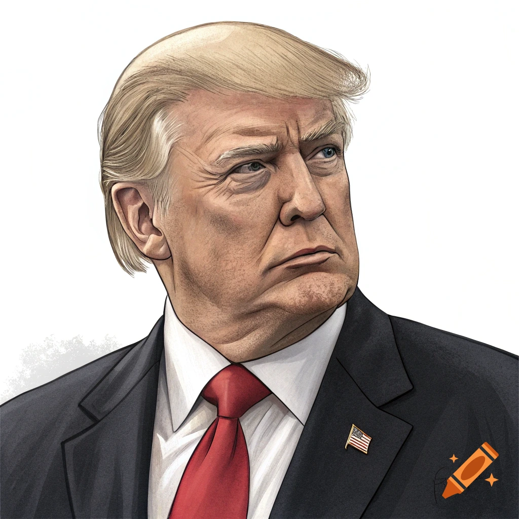 Caricature of Donald Trump in a dark suit with a red tie and an American flag pin, looking to the right with a serious expression.