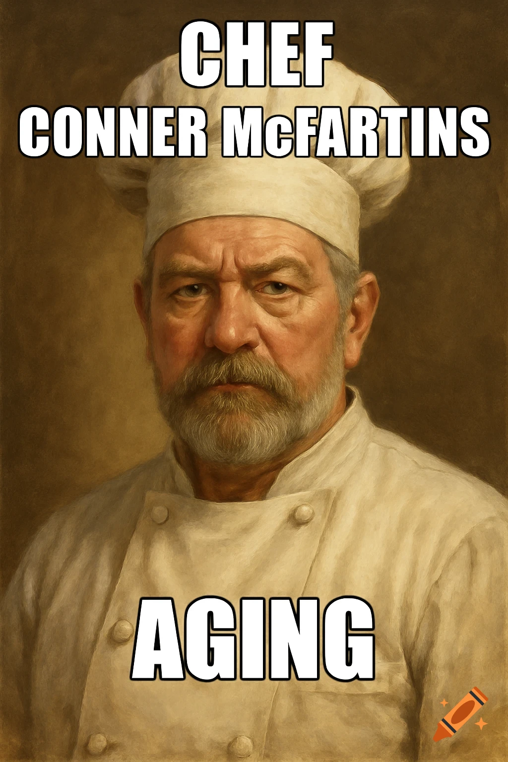 Painterly portrait of an older bearded chef with text 'CHEF CONNER McFARTINS AGING'.