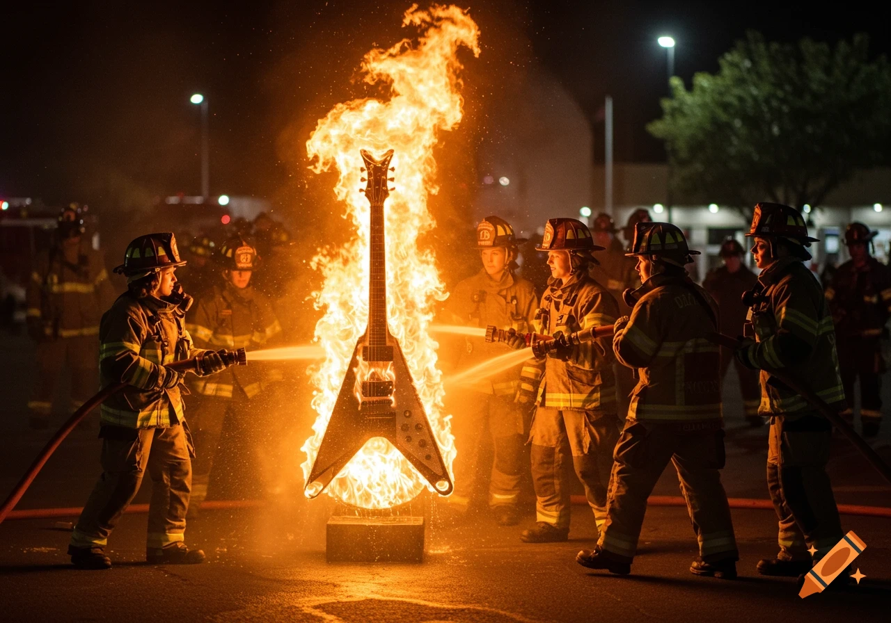 Firefighters in uniform aim hoses at a Flying V guitar engulfed in flames at night.