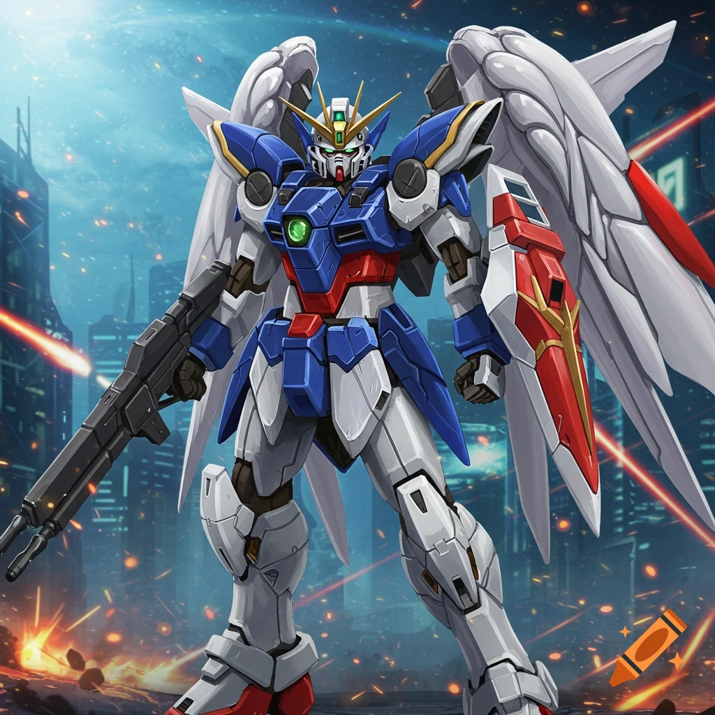 A Wing Gundam in blue, white, and red stands amidst a fiery futuristic city battle, holding a rifle and shield.