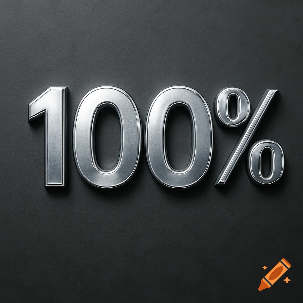 Shiny metallic '100%' symbol with a percentage sign on a dark gray background, resembling a platinum trophy.
