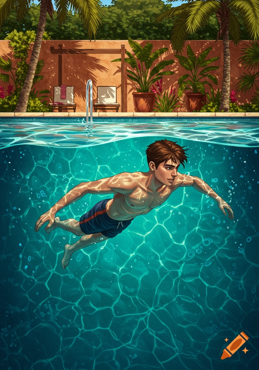 An attractive young man swims underwater in a clear blue pool, with palm trees and a building visible above the water.