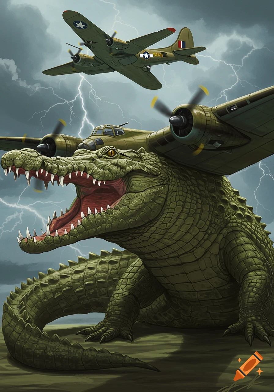A giant green crocodile with an open mouth on the ground below a flying bomber plane, amidst lightning in a stormy sky.