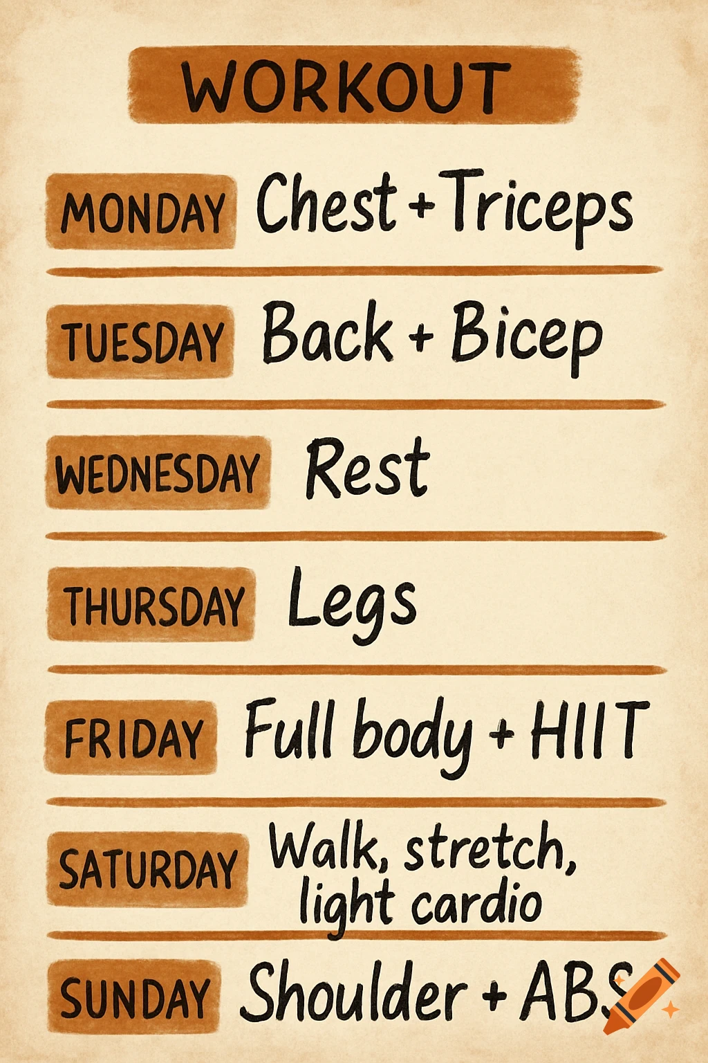 A handwritten workout schedule on a rustic background, listing daily exercises from Monday to Sunday.