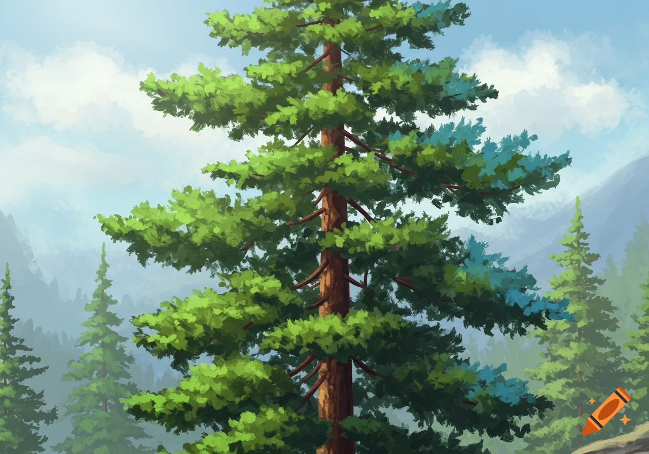 Stylized illustration of a tall pine tree with a brown trunk and green needles against a blue sky and hazy mountains.