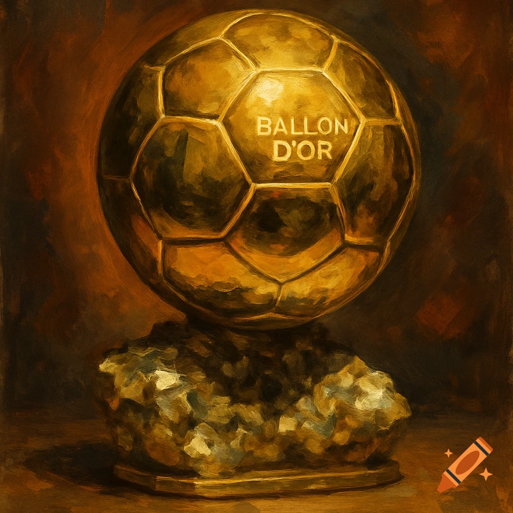 A golden, textured Ballon d'Or trophy, shaped like a football, rendered in an expressive oil painting style.