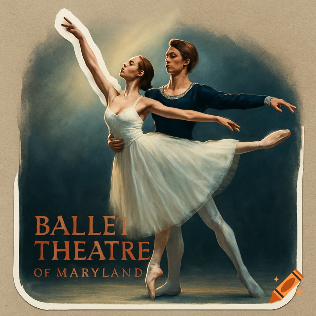 A classical ballet pas de deux featuring a male dancer holding a female dancer in a graceful arabesque, rendered in an elegant, realistic style like a die-cut sticker graphic. Text reads 'BALLET THEATRE OF MARYLAND'.