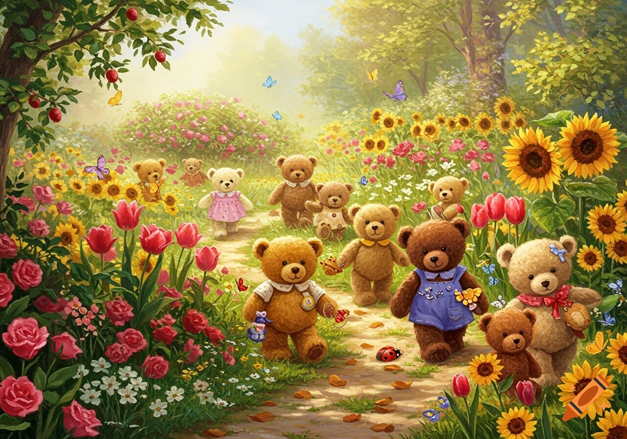 An illustration of many teddy bears walking along a path through a lush garden filled with colorful flowers and butterflies.