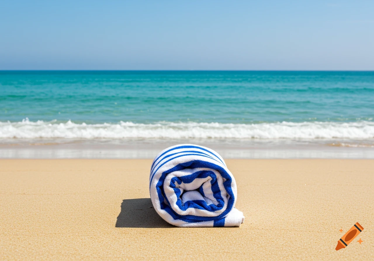 A rolled-up white and blue striped beach towel rests on a sandy beach with the turquoise ocean and a clear sky in the background.