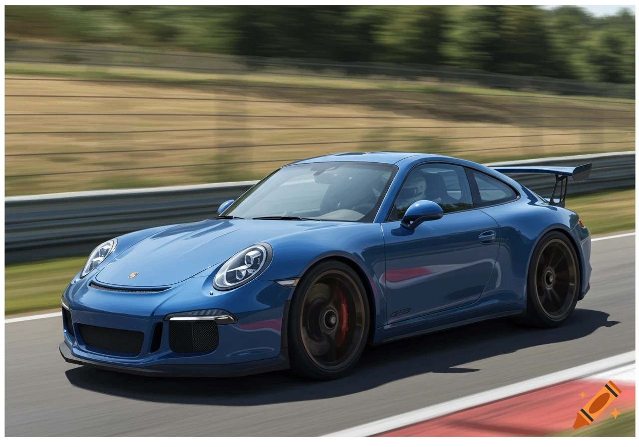 A blue Porsche GT3 sports car drives quickly on a race track.