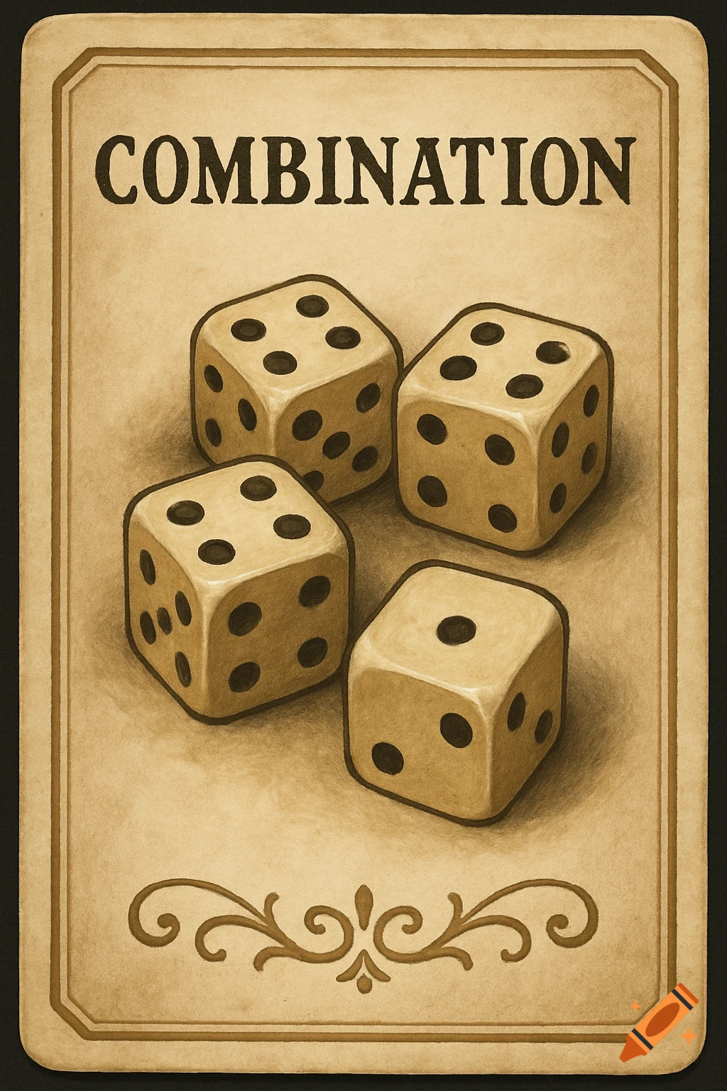 A vintage-style playing card featuring four dice, with the word "COMBINATION" at the top and ornate scrollwork at the bottom.