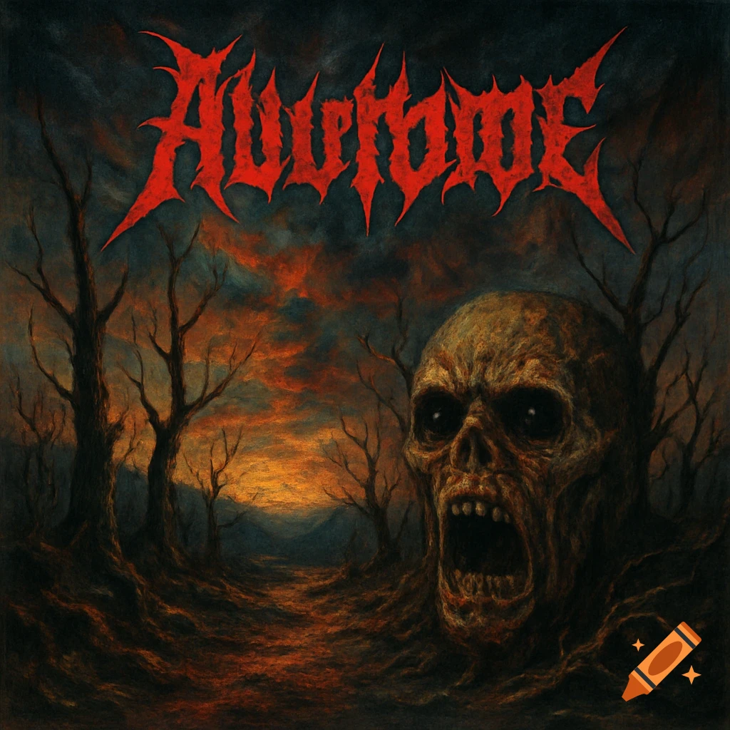 A screaming skull rises from barren ground with dead trees under a dark, orange-lit sky. Stylized red text "AUURTOME" at the top.