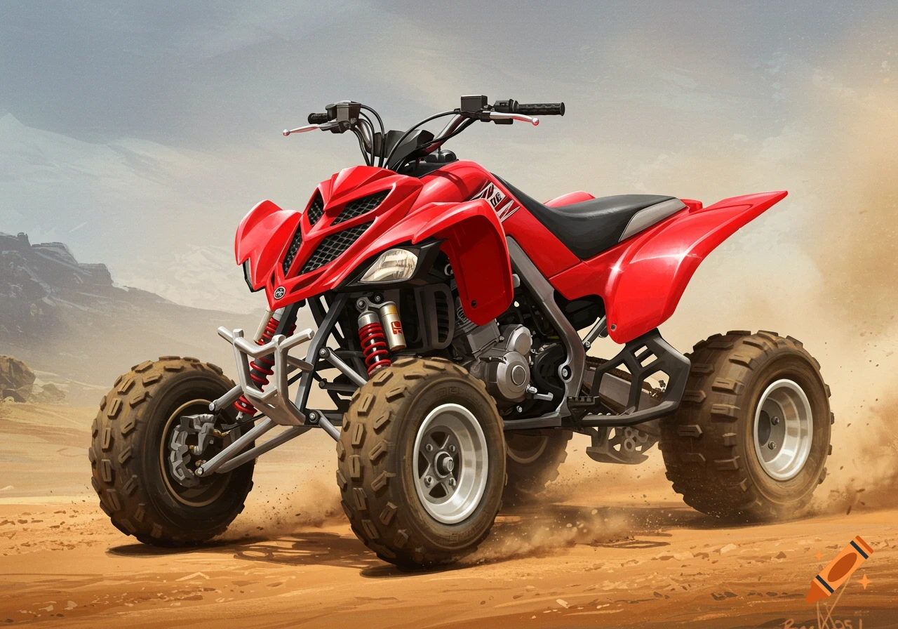 A vibrant red Yamaha Raptor 250 ATV kicks up dust on a sandy trail, with mountains in the background, in an illustrative style.