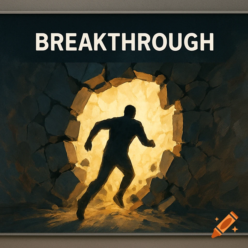 Silhouette of a person running through a bright, broken wall with the word 'BREAKTHROUGH' above.