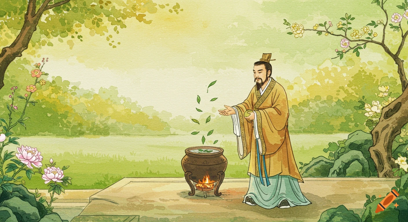 Watercolor illustration of Emperor Shen Nong dropping leaves into a pot in a tranquil garden with trees and flowers.