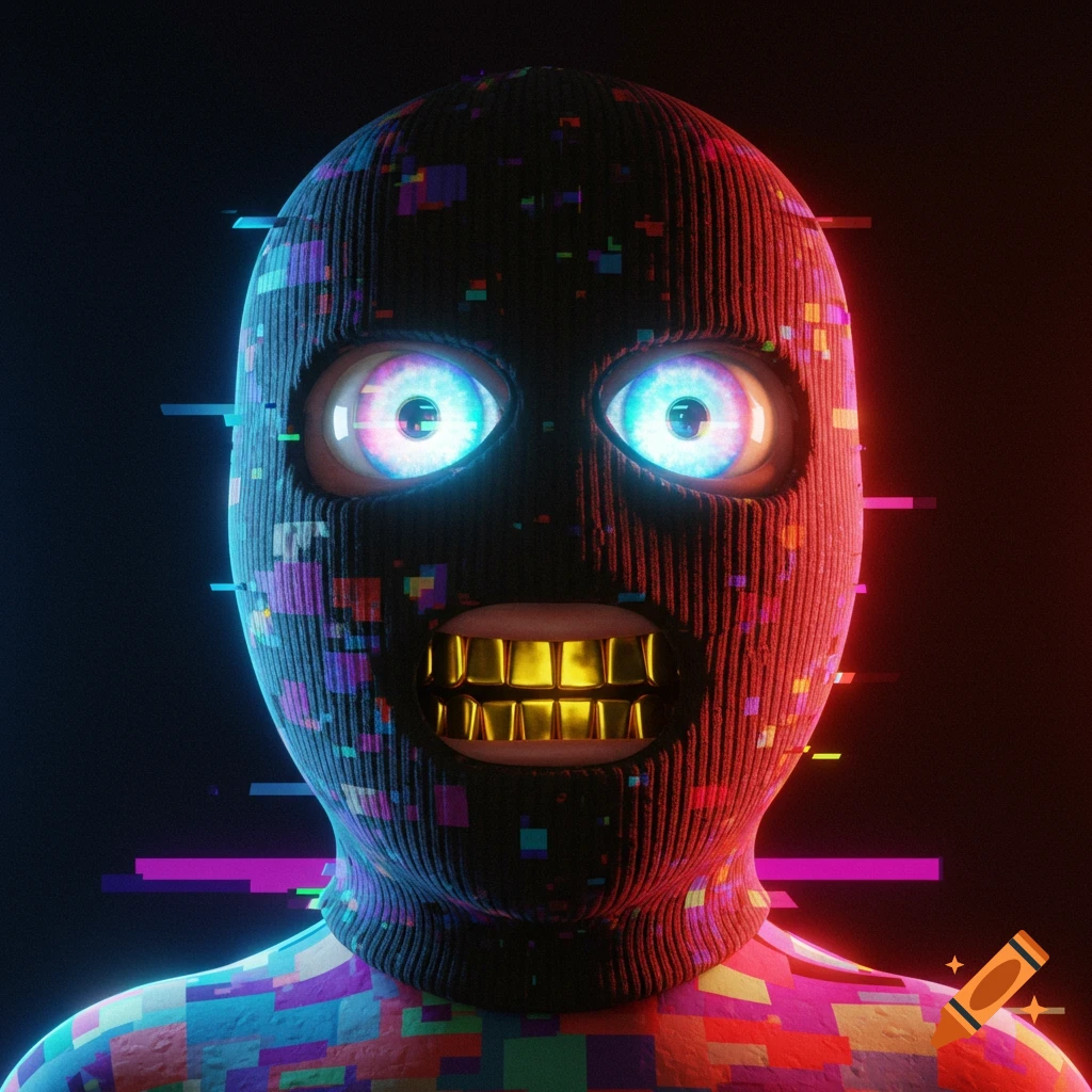 A trippy digital art character wearing a black ski mask with glowing blue eyes, gold teeth, and a body covered in colorful pixelated glitch mosaic.