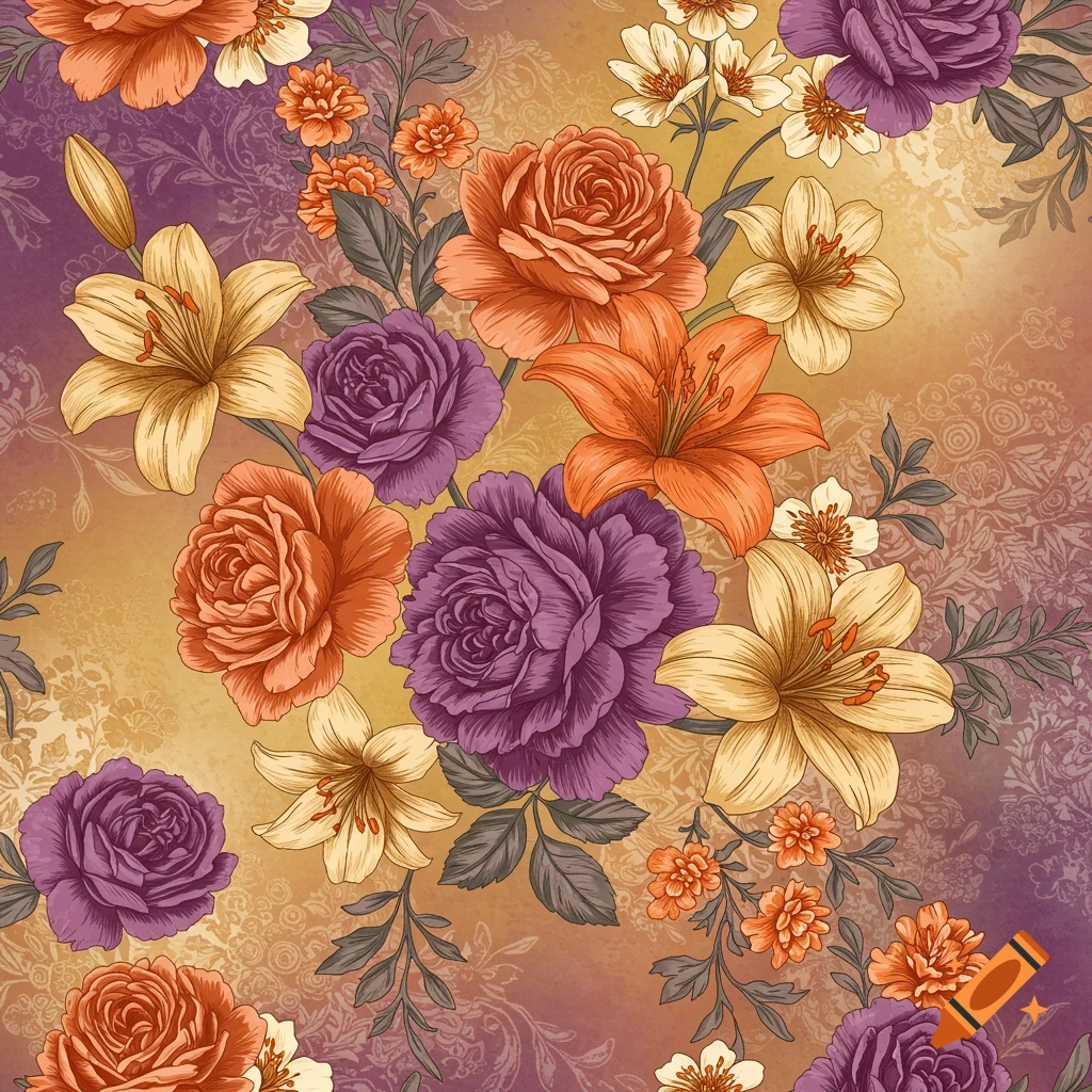 A vibrant floral pattern with orange roses, purple peonies, and yellow lilies on a textured, gradient background.